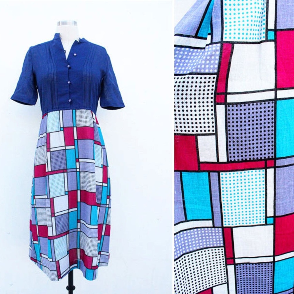 Vtg 70s Linen Navy & Red Geometric Print Dress